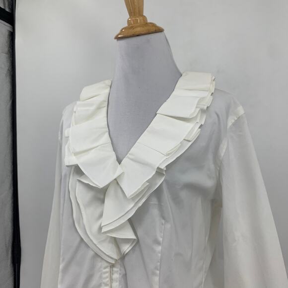 Talbots Blouse Womens 8 Cream Stretch Ruffle Frill Poplin Long Sleeve Shirt - Picture 3 of 14